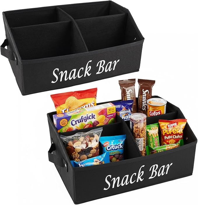 2 Pack Snack Organizer for Countertop, Fabric Snack Basket with Handles, 4 Compartment Snack Box Container, Snack Bar Station Decor, Kitchen Cabinet Pantry Organizer and Storage (Black)