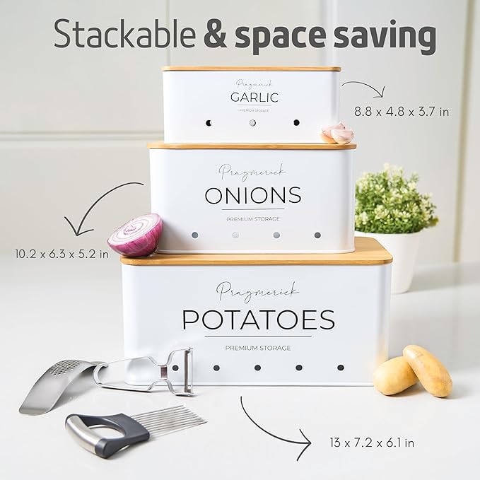 Potato and Onion Storage Bin with Garlic Canister + 3 Stainless Steel Gadgets - Garlic Press, Onion Holder, Vegetable Peeler, Kitchen Vegetable Storage Tin