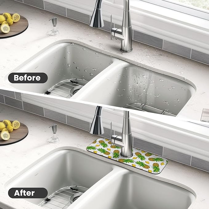 Pineapple Summer Pineapples Kitchen Sink Splash Guard Faucet Mat Super Absorbent Fast Drying Mat Sink Gadgets-Fast Drying Pad Sink Mat For Kitchen Bathroom (15" X 5.5" )