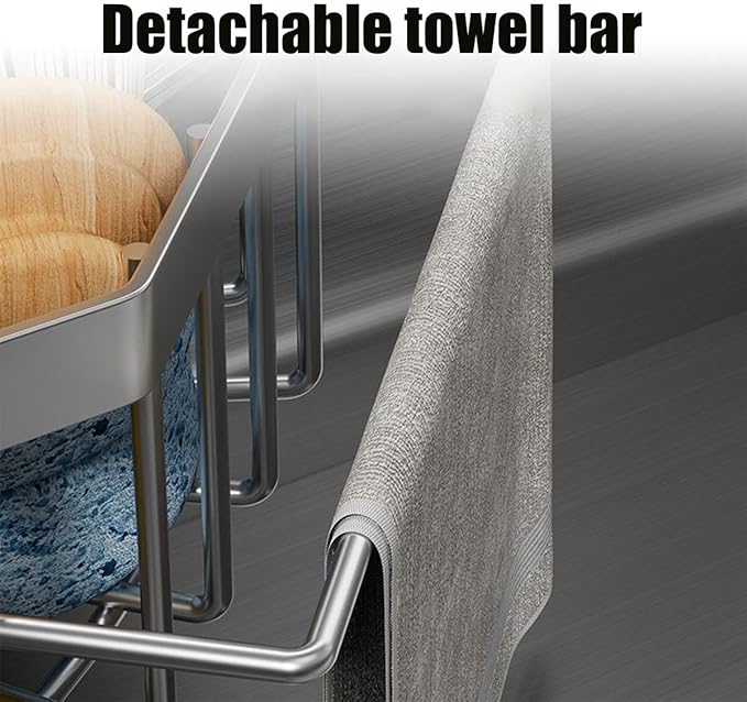 Corner Sink Organizer, Silver Stainless Steel Sponge Holder with Towel Bar, Self-Adhesive Kitchen Storage Rack, 6.3x6.3x3.2 Inches