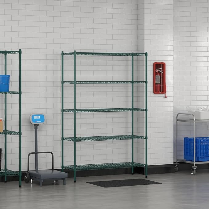 Commercial NSF Listed Green Epoxy Stationary Wire Shelving Kit 18" x 48" x 74", with 5 Shelves Perfect for Warehouse, Walk-in Refrigerator, Freezer, Grocery Store, Restaurant, Dishroom