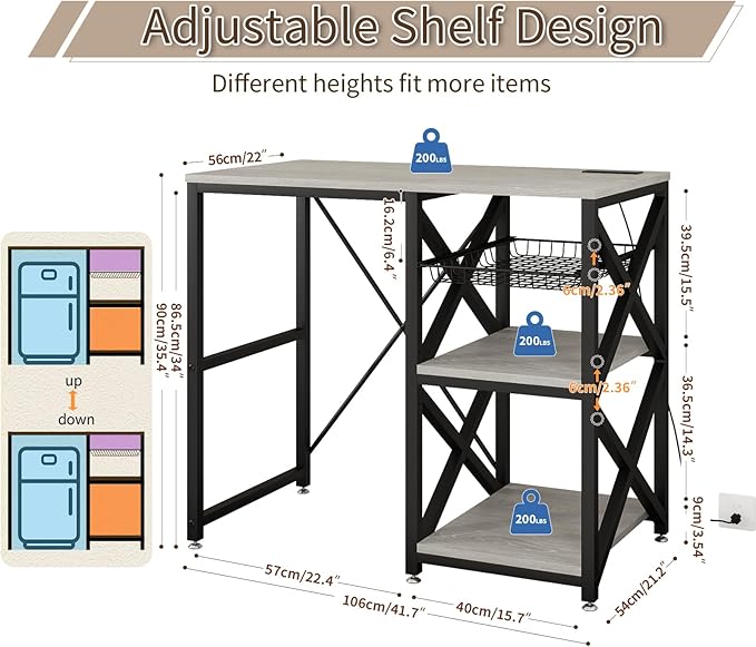 Kitchen Bakers Rack with Power Outlet,Mini Fridge Cabinet with Mesh Basket, Mini Fridge and Microwave Table with Storage for Office,Kitchen,Living Room,Coffee Bar,Patio,Greige