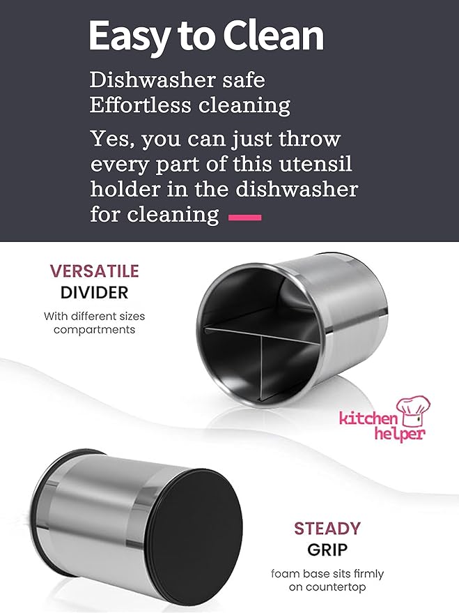 TENGINE Stainless Utensil Holder 360° Rotating 6.5X5.25 Inch Utensil Crocks for Kitchen Counter with Removable Divider Sliver