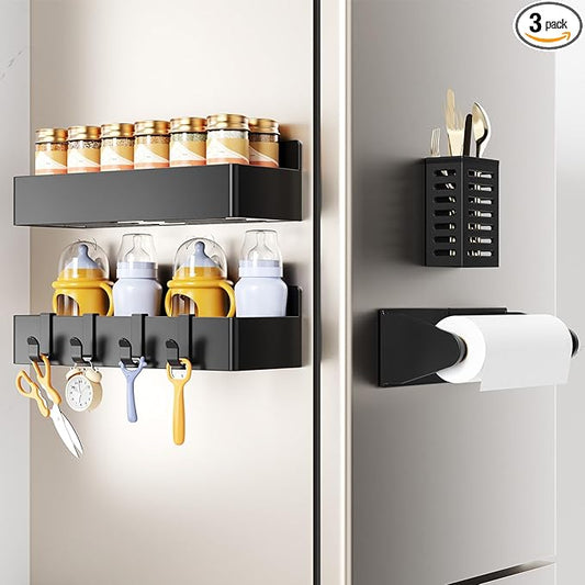 Mystozer Magnetic Spice Rack for Refrigerator,4 Pack Magnetic Shelf,Fridge Magnet Organizer with Paper Towel Holder and Utensils Racks,Fridge Organizers and Storage Black(4 Pack)