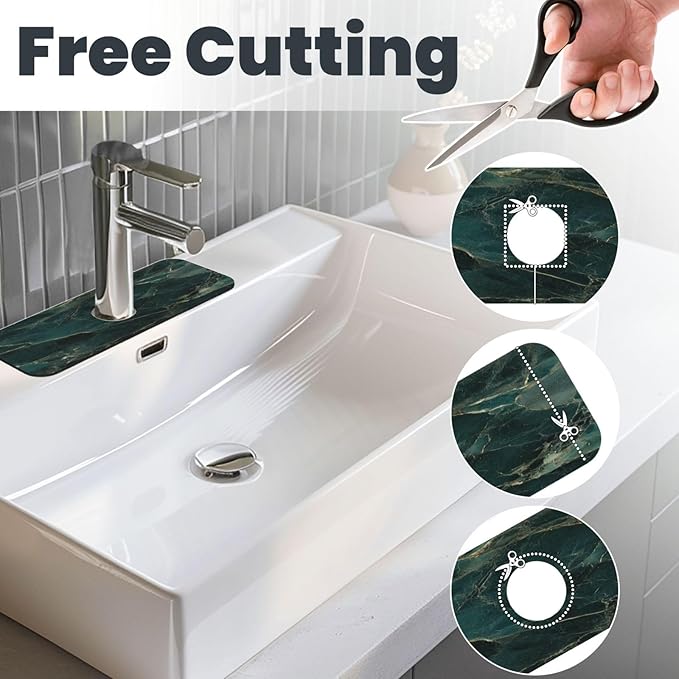 Sink Faucet Mat Elegant Green Marble Kitchen Splash Guard Absorbent Bathroom Sink Mat Around Faucet 15" x 5.5" Drying Mats Stone Draining Mat