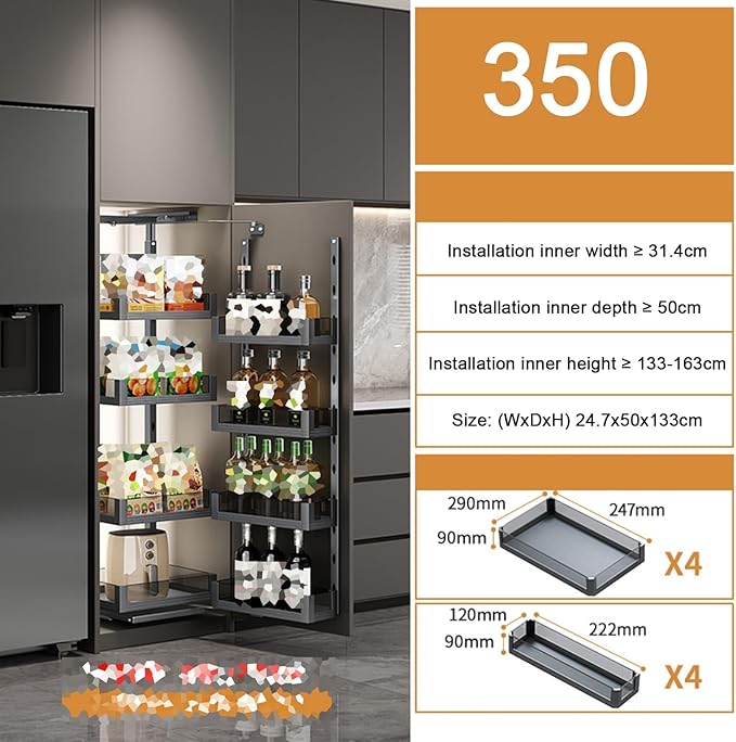 WIGING 4-Tier Narrow Cabinet Pull-Out Basket, High Cabinet Pull-Out Storage Rack with Adjustable Dividers for Kitchen Bathroom Pantry, Single-Layer Load Capacity: 15kg(24.7x50x133cm)