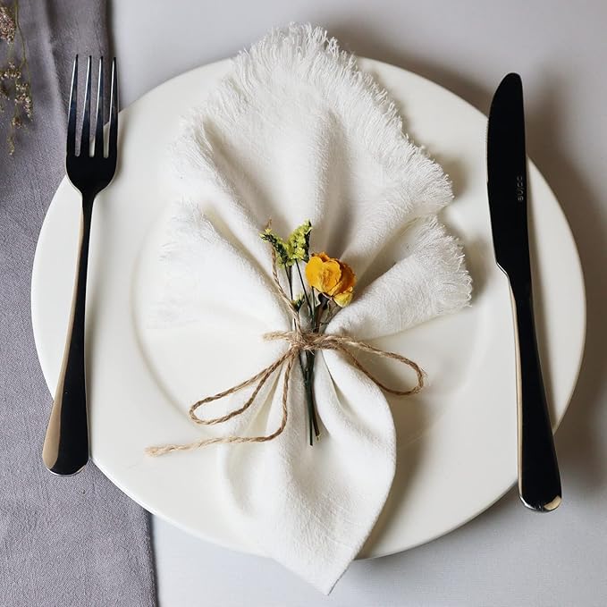 Handmade Cloth Napkins with Fringe,18 x 18 Inches Cotton Linen Napkins Set of 6 Versatile Handmade Square Rustic Fringe Napkins for Dinner, Wedding and Parties, White