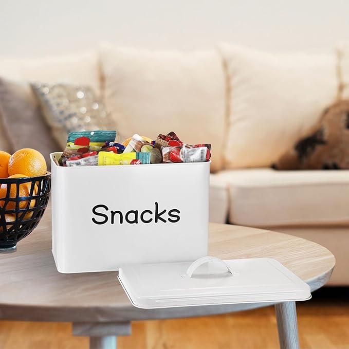 BSTKEY Snack Bin for Countertop, White Metal Snack Organizer for Pantry Kitchen, Rustic Snack Storage Container for Chips Candy Pretzels Cookies Popcorn