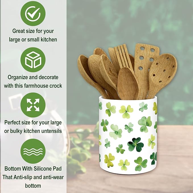 JarThenaAMCS St. Patrick's Day Ceramic Kicthen Utensil Holder Watercolor Green Shamrock Clover Utensil Crock for Irish Holiday Home Countertop Storage Organizer Container