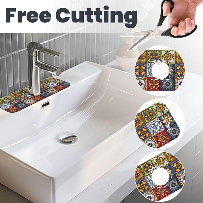 Talavera Mexican Tiles Mexico Kitchen Sink Splash Guard Faucet Mat Super Absorbent Fast Drying Mat Sink Gadgets-Fast Drying Pad Sink Mat For Kitchen Bathroom (15" X 5.5" )