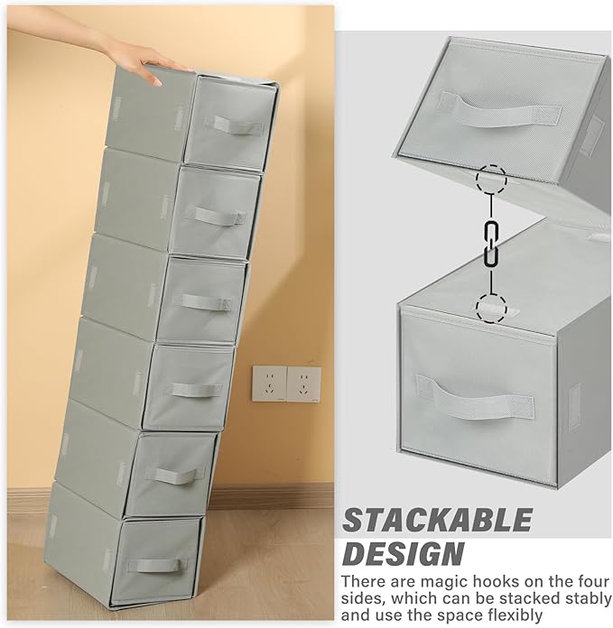 Weysat 6 Pack Stackable Storage Drawers Collapsible Closet Organizer with Drawer Cube Organizer Shelf Storage Fabric, Clothes, Towels Cubby for College Bedroom Living Room