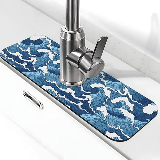 The Great Wave Off Kanagawa Japanese Blue White Kitchen Sink Splash Guard Faucet Mat 1 Pcs, Absorbent Fast Drying Mat Gadgets Splash Guard For Bathroom 15 X 5.5 Inches