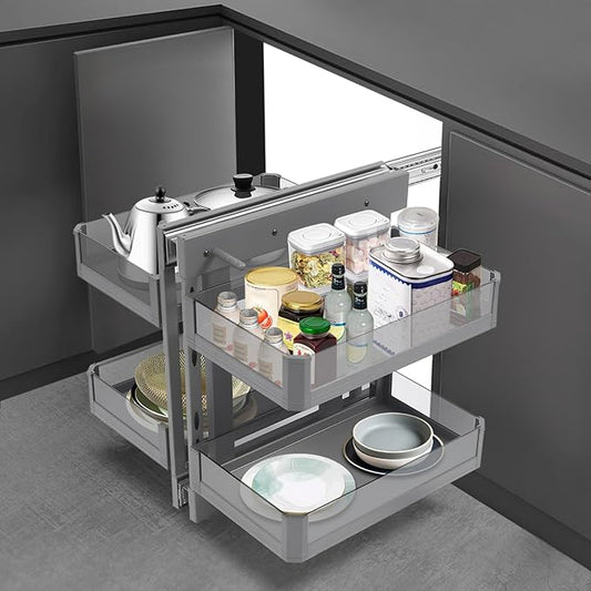 Blind Corner Cabinet Organizer,Tempered Glass Corner Cabinet Pull-Out,2-Tier Kitchen Cabinet Left Open & Right Open Compatible,Adjustable & Removable Basket (Grey)