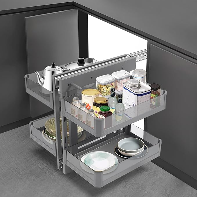 Blind Corner Cabinet Pull Out Left & Right, 2 Tiers Cabinet Organizer Organizer, Tempered Glass Corner Cabinet Adjustable & Removable Basket 24.8x19.68x23.3in(Pull Out Left & Right, Style3)
