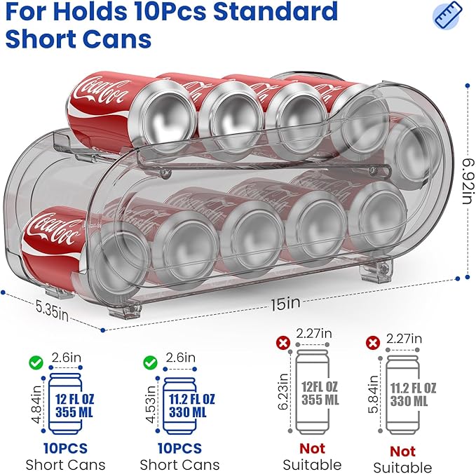 2 Pack Auto-Rolling Soda Can Organizer for Refrigerator/Fridge, Upgraded Soda Can Dispenser & Holder for Pantry Storage 10 Standard Size 12oz/ 11.2oz/ 355ml/ 330ml Drink Short Cans (Gray)