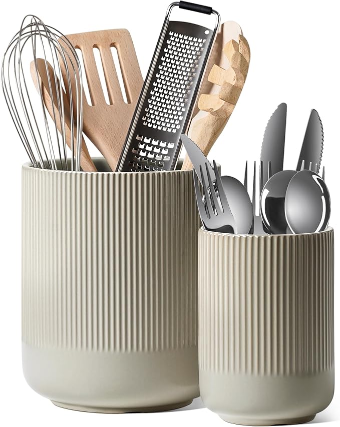 LE TAUCI Utensil Holder, 7.3"+5.4" Ceramic Kitchen Utensil Holder for Countertop, Large Cooking Utensil Crocks for Kitchen Counter, Modern Utensil Organizer for Spatula, Set of 2, Oatmeal Greige