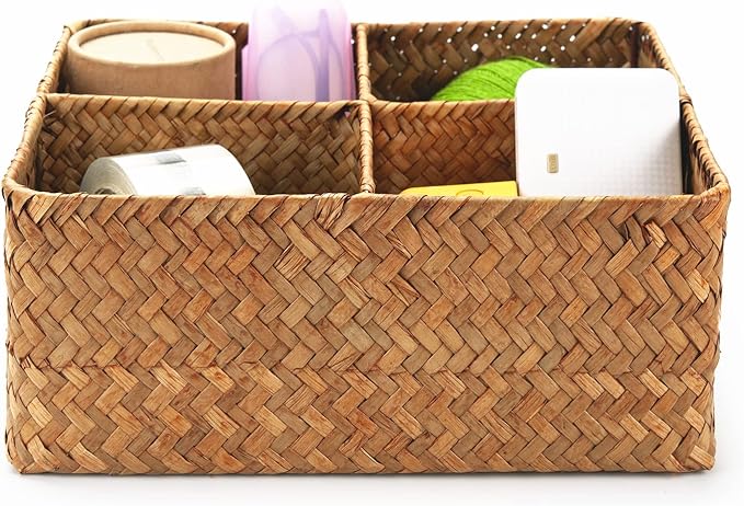 Woven Seagrass Storage Basket with 4 Divided Sections, Wicker Basket Bin Box Organizer for Countertops/Closet/Shelf/Dresser