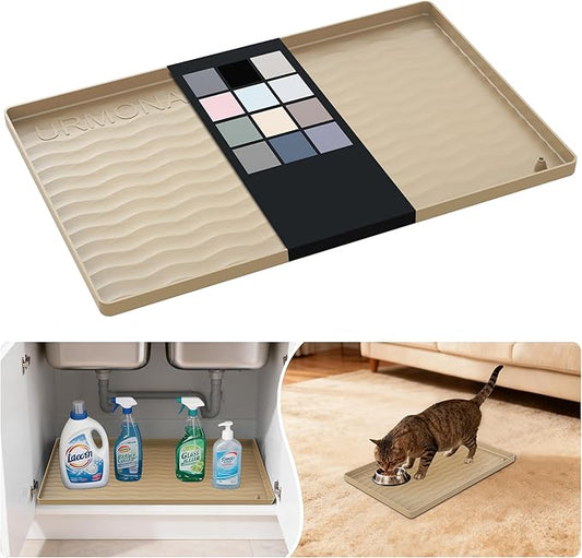 URMONA Waterproof Silicone Under Sink Mat 16'' x 10'' Shelf Liner for Kitchen and Bathroom, Cabinet and Counter Protector, Storage and Organizers, Litter Mat, Pet Cat Puppy Essentials(Khaki)