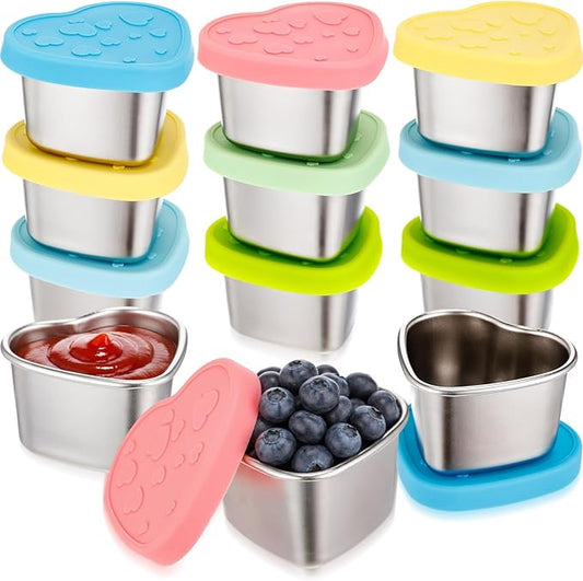 12 Pcs Heart Shaped Salad Dressing Container with Lids 2.1 oz Stainless Steel Small Condiment Containers Reusable Meal Prep Sauce Cups for Lunch Bento Box Picnic Work Kitchen Storage