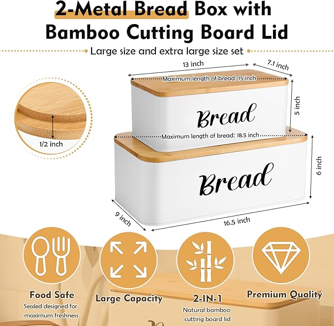 2 Pcs Extra Large Bread Box with Slicer, Metal Farmhouse Bread Storage Container with Bamboo Cutting Board Lids Multi-size Breadbox Set for Kitchen Countertop (White)