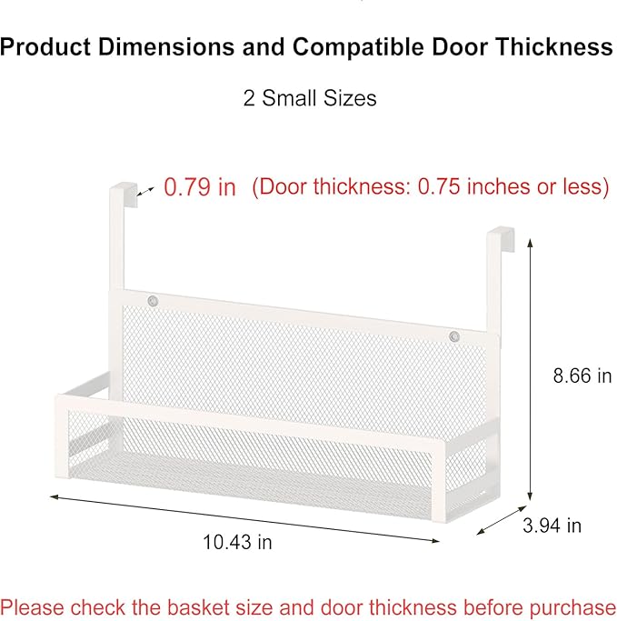 Hanging Kitchen Baskets Fine Mesh Wire Storage Basket Over Cabinet Door Organizer No Drilling Required for Kitchen Bathroom Office, Small, 2 Pack.