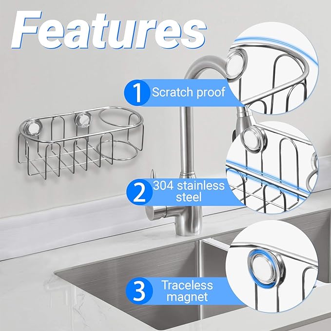 Sink Sponge Holder, Magnetic Kitchen Sink Caddy, 304 Stainless Steel Sponge Brush Holder, Two Suspension Modes, Sink Drain Frame- Silver