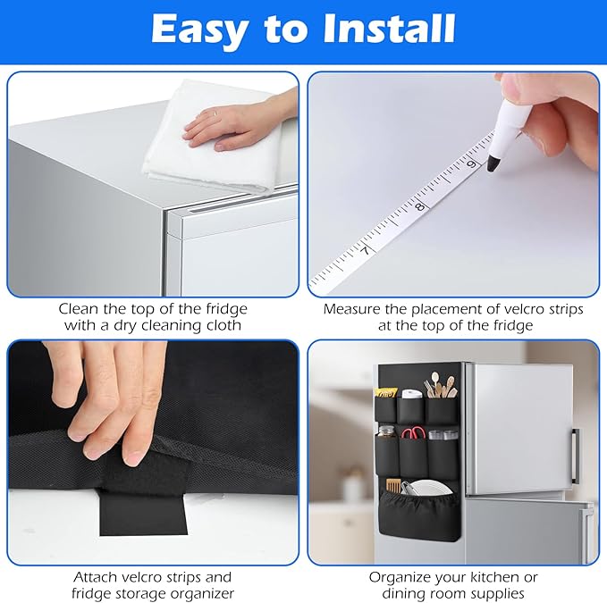 Dorm Room Essentials Mini Fridge Storage, 14 Pockets and Paper Goods Organizer, Dorm and Office Over the Fridge Caddy Organizer, College Essentials Flatware Storage Organizer - Black