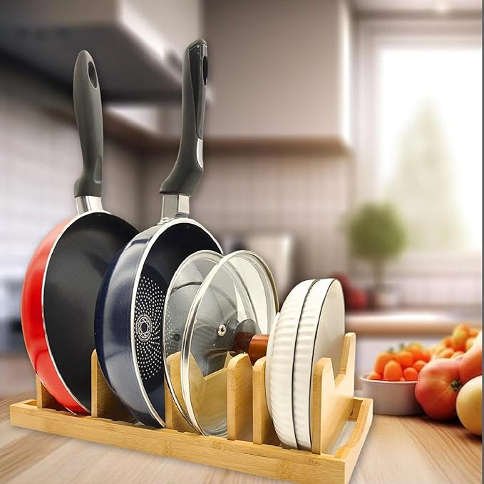 Bamboo Pot Lid Organizer for Cabinet & Kitchen Counter, Pan Lid Organizer Inside Cabinet, Pot Lid Holder, Sheet Pan Rack, Adjustable Pot Cover Holder Rack for Countertop, Under Cabinet