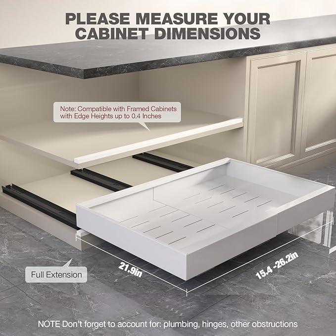 2 Pack Pull Out Cabinet Organizer 22" Deep,Full Extension 3 Slide Rails Slide Out Drawers With Raising Pad for Framed Cabinets,Expandable Width (15.4"-26.2"),No Drill Roll Out shelf,White