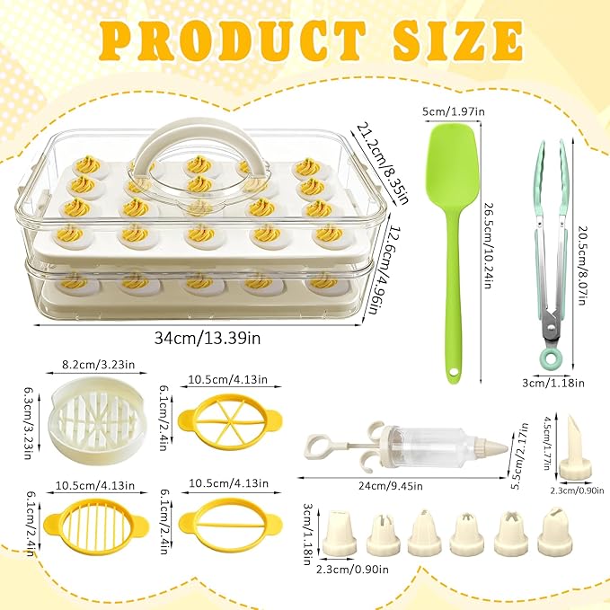 Lignumix Egg Holder for Fridge,Deviled Egg Containers with Lid & Handle (2 Layer Snap-on) PET Thickened Eggs Organizer Inc Egg Slicer,Kitchen Tongs,Silicone Spatula,Piping Decorating Kit