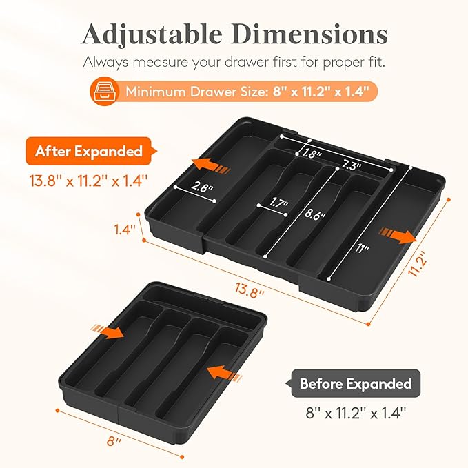 Lifewit Expandable Utensil Tray for Kitchen Drawer, Adjustable Silverware Organizer, BPA Free Plastic Cutlery Holder for Spoons Forks Knives, Black, Fits 8 to 14 Inch