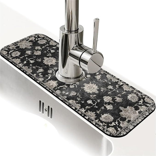 Kitchen Sink Splash Guard，Beige floral Faucet Mat Sink Gadgets-Super Absorbent Fast Drying Mat Drip Catcher for Kitchen, Bathroom,Sink Mat, Dish Drying Mat, Bathroom(15" X 5.5" )