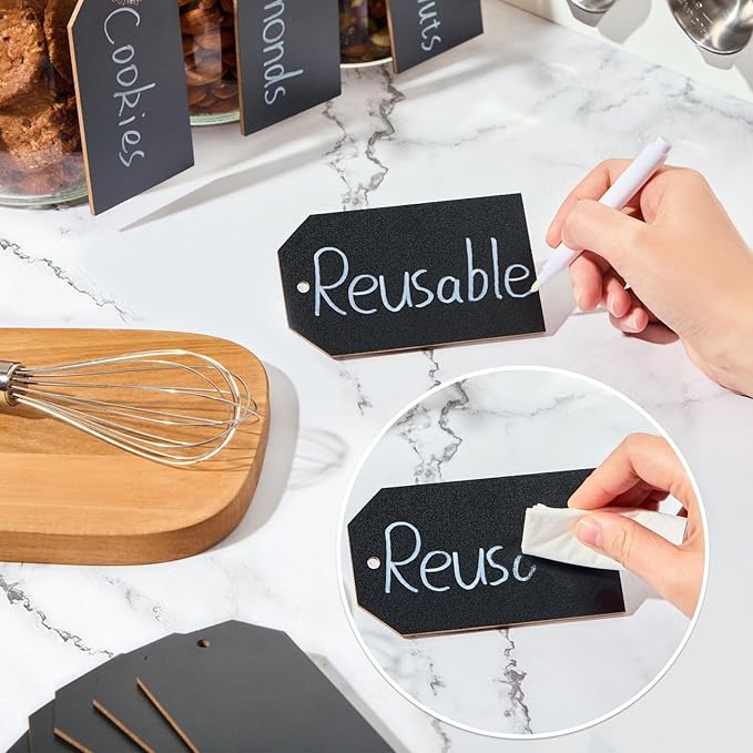 Talented Kitchen Black Wooden Tags - 4.33 x 2.5 in, Black, 24 Pack - Pantry Hanging Labels & Decorative Chalkboard Labels with Jute String for Baskets, Bins & Jars