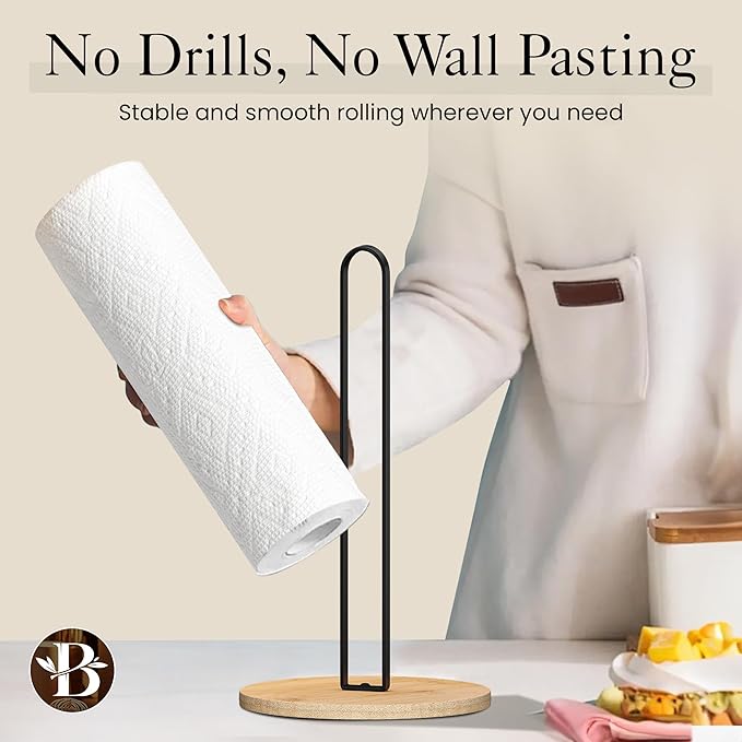 Wooden Paper Towel Holder Countertop – Bambüsi Freestanding Kitchen Paper Towel Stand with Non-Slip Base, Easy Install Durable Modern Farmhouse Decor, Fits Standard & Large Rolls for Kitchen, Bathroom