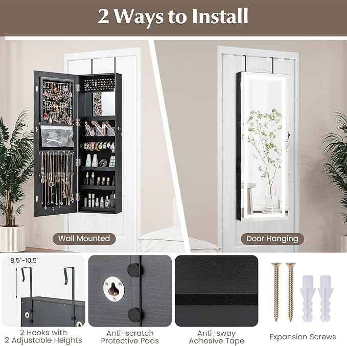NAFORT LED Mirror Jewelry Armoire, Full Length Mirror with Storage Box, Wall or Door Mounted Organizer Cabinet, Lockable Over the Door Jewelry Storage, Black