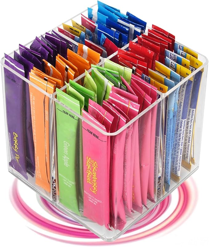 Drink Packet Organizer For Powdered Drink Mix,Powder Packet,Water Packet,Water Flavor Packet,Lazy Susan Organizer for Drink Mix Rotating Holder for Drink Mix Necessities（Square）