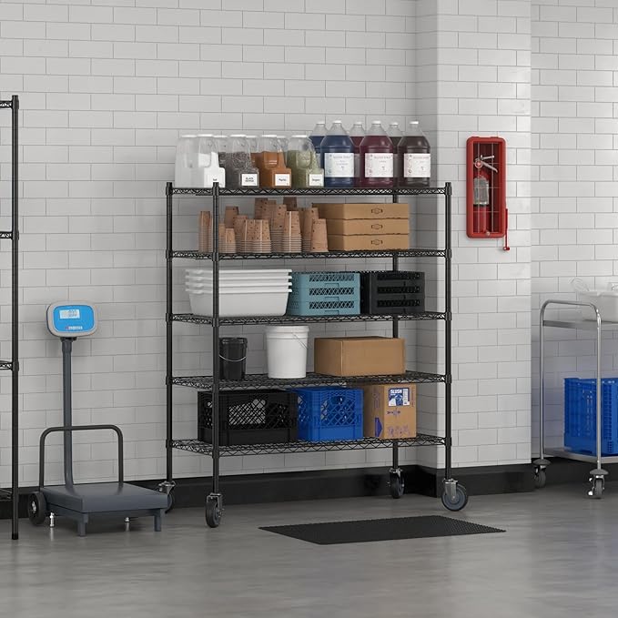 Commercial NSF Listed Black Epoxy Mobile Wire Shelving Kit 21" x 48" x 60", with 5 Shelves Perfect for Warehouse, Walk-in Refrigerator, Freezer, Grocery Store, Restaurant, Dishroom