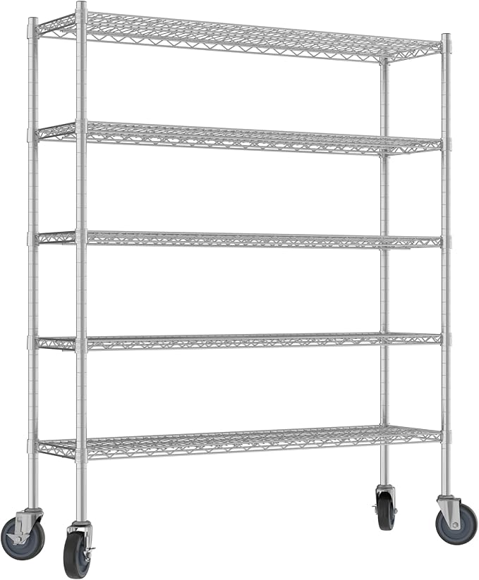 Commercial NSF Listed Chrome Mobile Wire Shelving Kit 14" x 48" x 60", with 5 Shelves Perfect for Warehouse, Walk-in Refrigerator, Freezer, Grocery Store, Restaurant, Dishroom