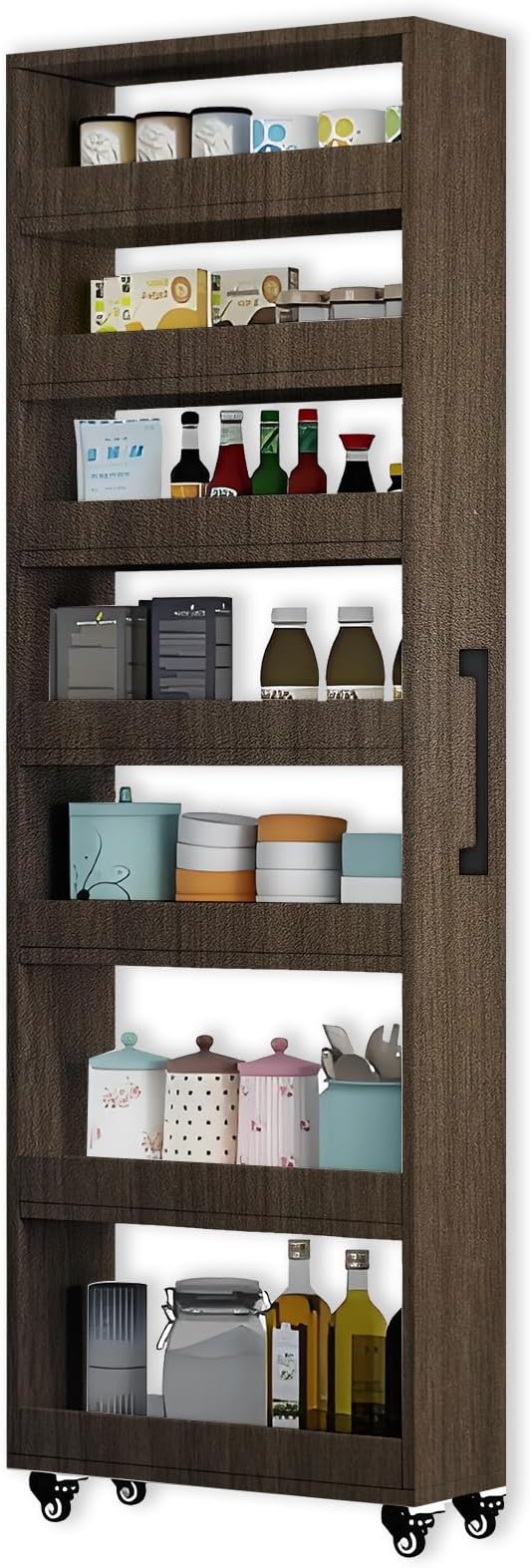 7-Tier Slim Rolling Storage Cart, Wooden Narrow Pantry Cabinet with Wheels, Tall Space-Saving Shelf Organizer for Kitchen, Laundry, Bathroom (Light Brown, 73.2" H*7.8" W*23.6" D)