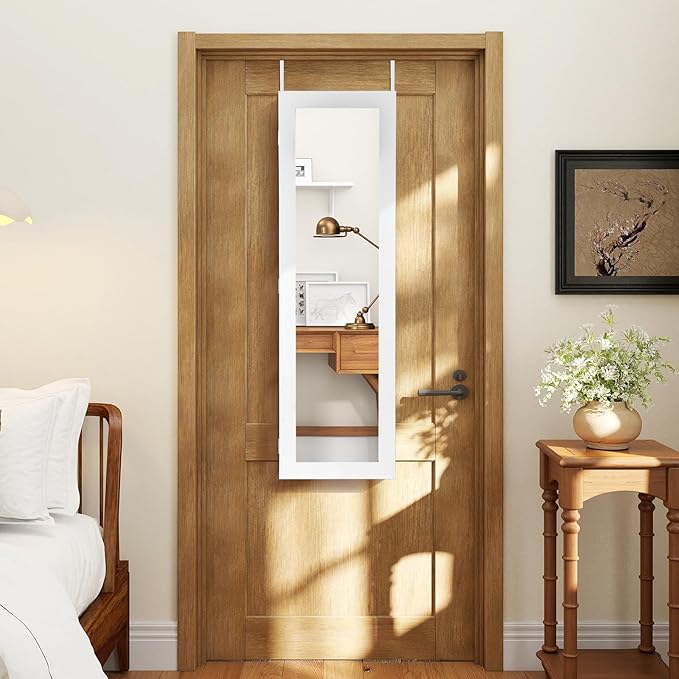 COSTWAY Full Length Mirror Jewelry Cabinet, Wall Door Mounted with Makeup Mirror, Ring Slots & Necklace Hooks, Large Storage Jewelry Armoire for Bedroom, Dressing Room (White)