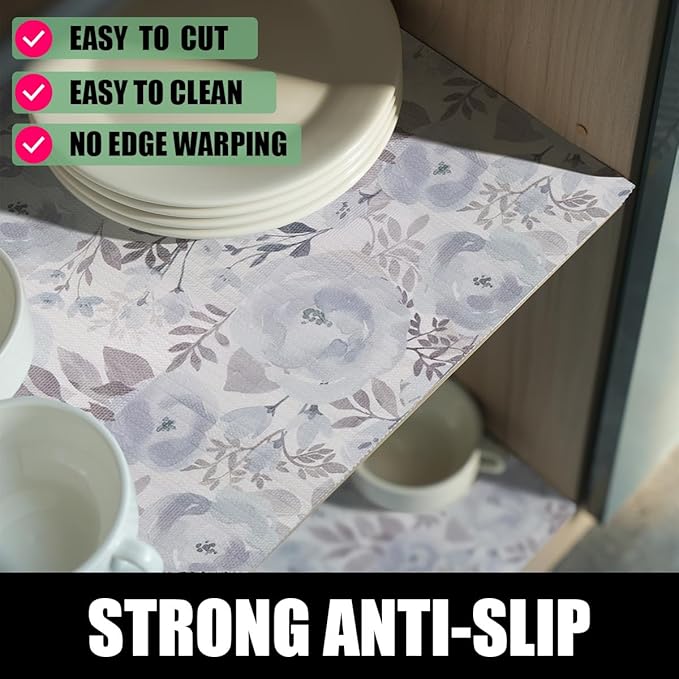 Amiitay Blue Floral Shelf and Drawer Liner for Kitchen,12IN x 20FT Non-Adhesive and Strong Non-Slip Peony Cabinet Drawer Liners for Kitchen Shelf, Waterproof Cupboard Liners,Easy to Clean