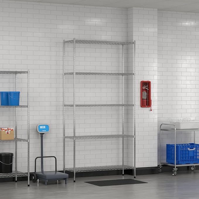 Commercial NSF Listed Chrome Stationary Wire Shelving Kit 18" x 48" x 96", with 5 Shelves Perfect for Warehouse, Walk-in Refrigerator, Freezer, Grocery Store, Restaurant, Dishroom