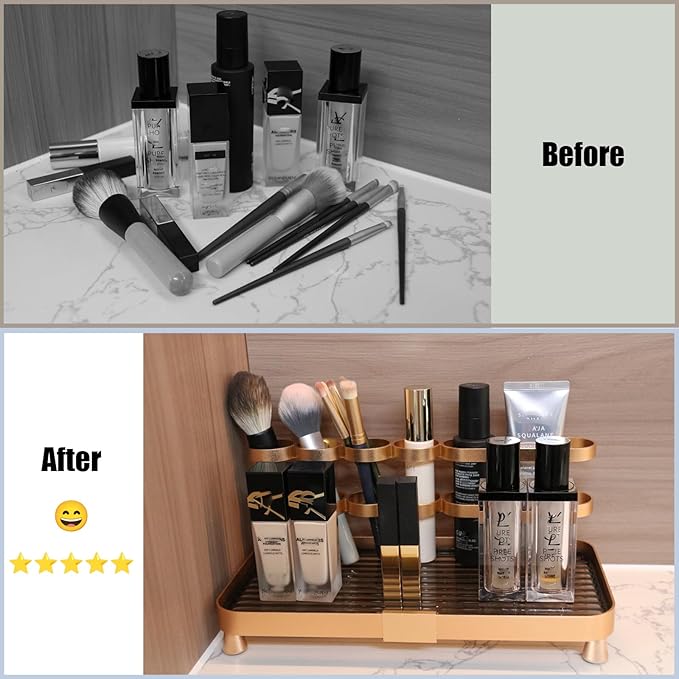 YUPER Corner Bathroom Countertop Organizer, Perfume Tray, Coffee Counter Shelf, Skincare Makeup Cosmetic Vanity Organizers, Bathroom Organizers and Storage Countertop with Brush Holders