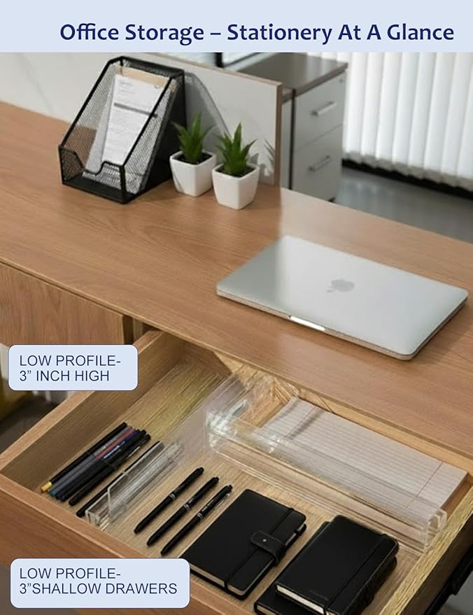 5 Pack Clear Drawer Dividers with Adhesive Pads - Adjustable Crystal Transparent Organizer for Clothes, Kitchen, Bathroom & Makeup - 3 Inch High Expandable Separators for Shallow Drawers