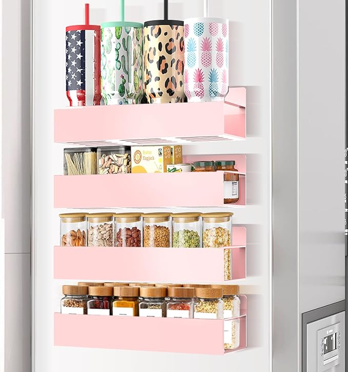 SMRCAD Magnetic Spice Rack for Refrigerator Seasoning Organizer for Spice Fridge Shelf storage Magnetic Shelf with Hook for Oven (4pack-Pink)