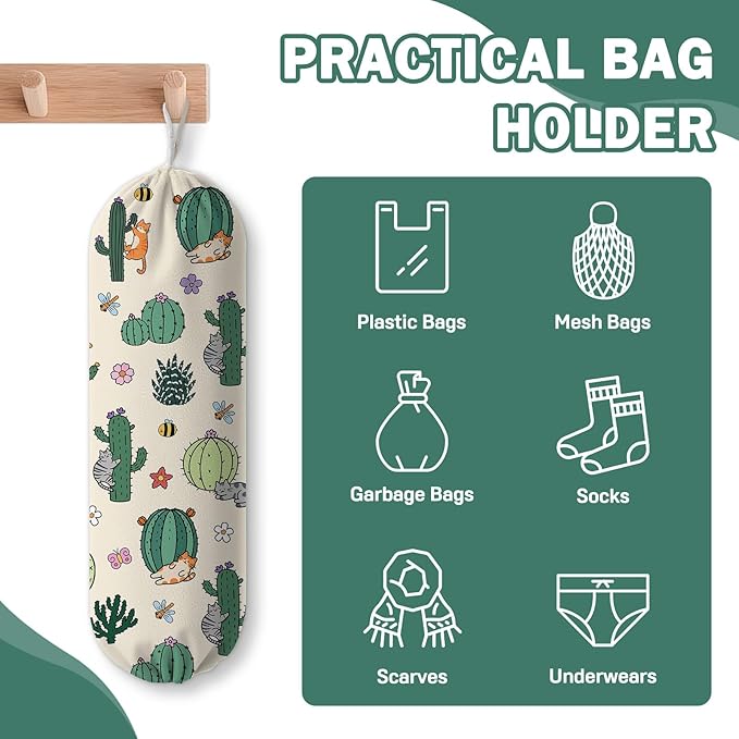 Plastic Bag Holder, Grocery Bag Organizer Storage, Kitchen Dispenser Holders Reusable Shopping with Adjustment Drawstring Closure for Kitchen Farmhouse Decor, Cactus