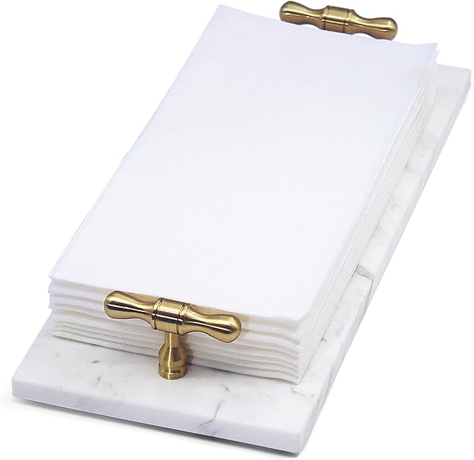 Marble Napkin Holder, Guest Towel Holder Tray, White Marble Tray for Bathroom & Kitchen Countertop with Brass Handles, Decorative Bathroom Napkin Holder for Home Decor