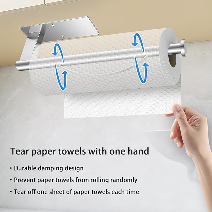 Paper Towel Holder Under Cabinet, Single Hand Operable Tearing Off Paper Towels with Damping Effect, Both Available in Adhesive and Screws, Stainless Steel (Silver)