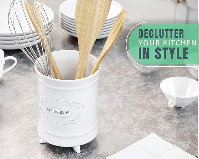 Comfify White Ceramic Utensil Holder – Vintage Style Kitchen Caddy – Shabby Chic Countertop Organizer – Rustic French Country Crock for Cooking Enthusiasts
