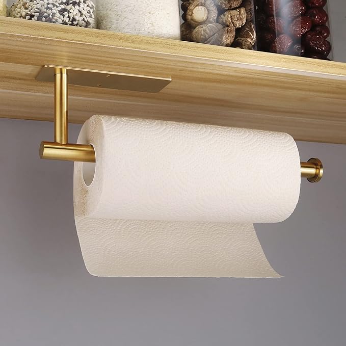 Gold Paper Towel Holder Under Cabinet, Self Adhesive Paper Towel Roll Holder Stick on Wall, Stainless Steel Towel Paper Holder for Kitchen Bathroom
